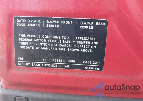 2005 Saab 9-3 Linear z USA, uszkodzony, nr VIN YS3FB45S651032306